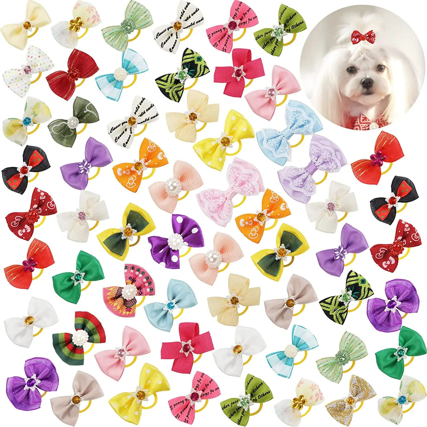 

20/30/50PCS Pet Grooming Bows Cute Puppy Bowknot Small Handmade Rhinestone Pearls Flower Multi Style Dog Bow Hair Accessor