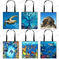 Undersea Word Print Casual Totes Bag Women Handbag Turtle Shark Dolphin Ladies Shoulder Bag Travel Large Capacity Shopping Bags