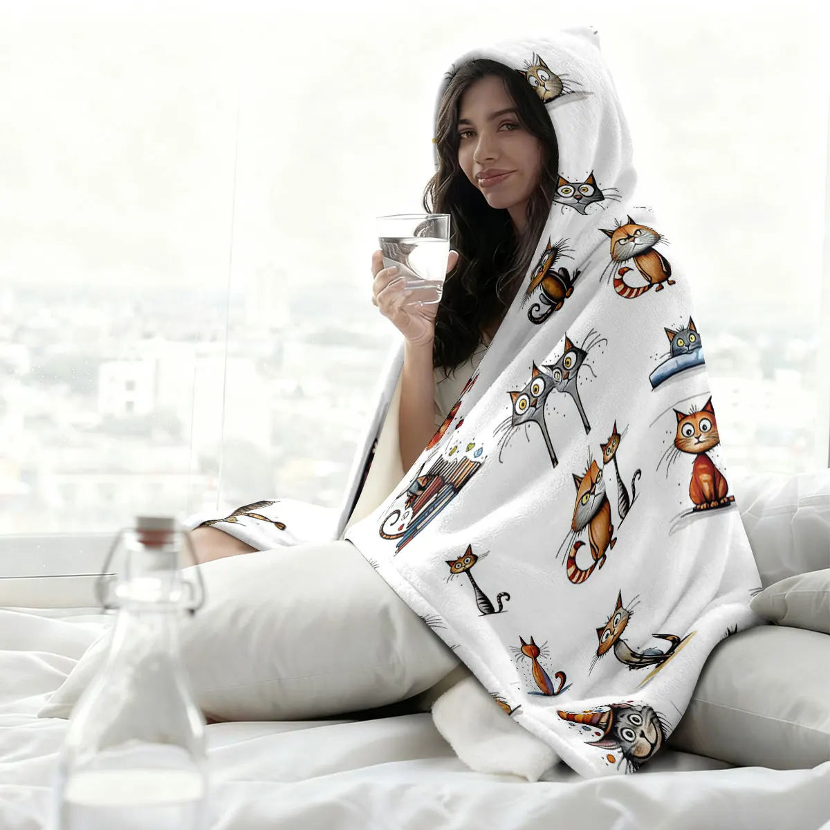 1pc various cute cartoon kitten pattern flannel hoodie, which can be worn as a cape or blanket multiple sizes view 5