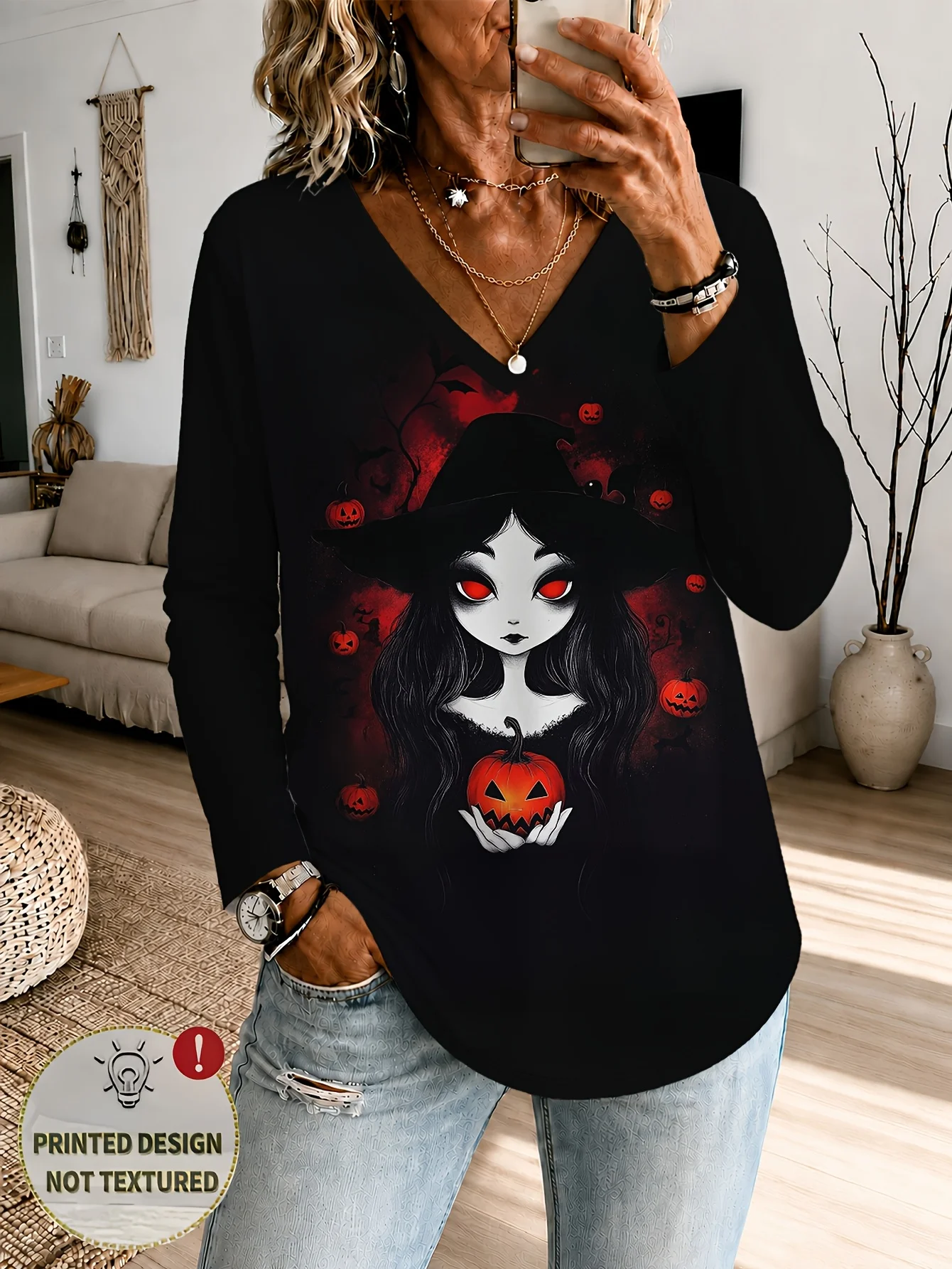 Women Long Sleeve Top Halloween Witch Pumpkin Red Ghost Print V Neck Casual Daily Party Tee Women's Clothes