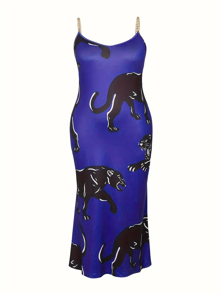 Новое женское вечернее сексуальное черное платье больших размеров с тигровым принтом, элегантное французское платье, синие длинные платья без рукавов, распродажа