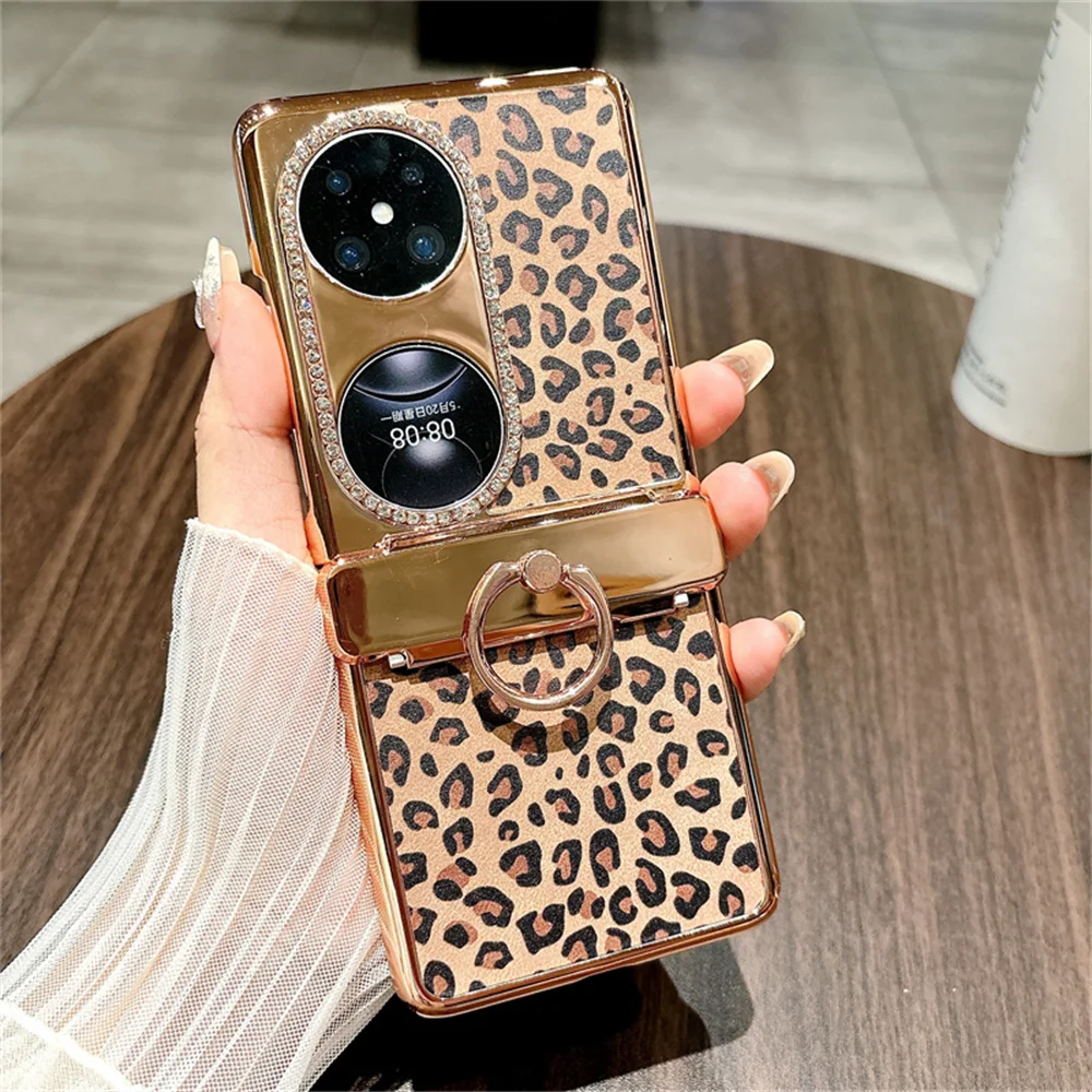 

Fashion Leopard Pattern Phone Case For HuaWei P50 Pocket 2 Ring Plating PC Hard Shell Protective Back Cover