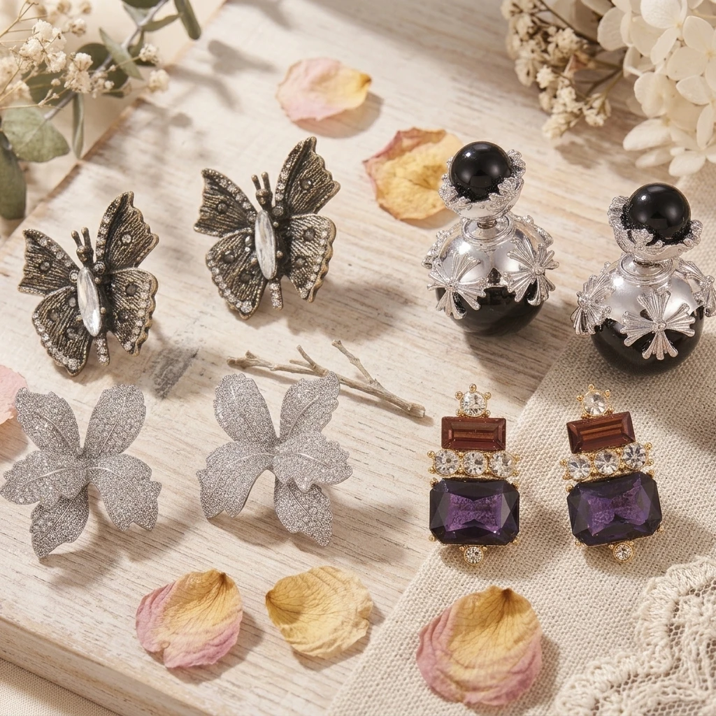 Vintage Palace Butterfly Black Pearl Stud Earrings for Women Luxury Purple Crystal Square Silver Leaf Front Back Ear Jewelry