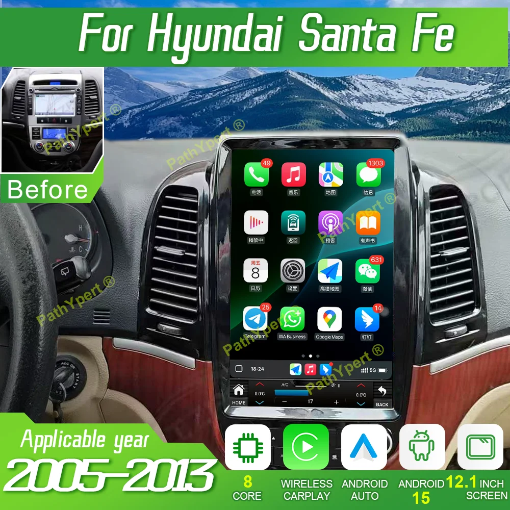 

8Core+8G+256G Tesla Screen For Hyundai Santa Fe 2005-2013 Car Radio Carplay Multimedia Player Android 15 GPS Head Unit Bluetooth