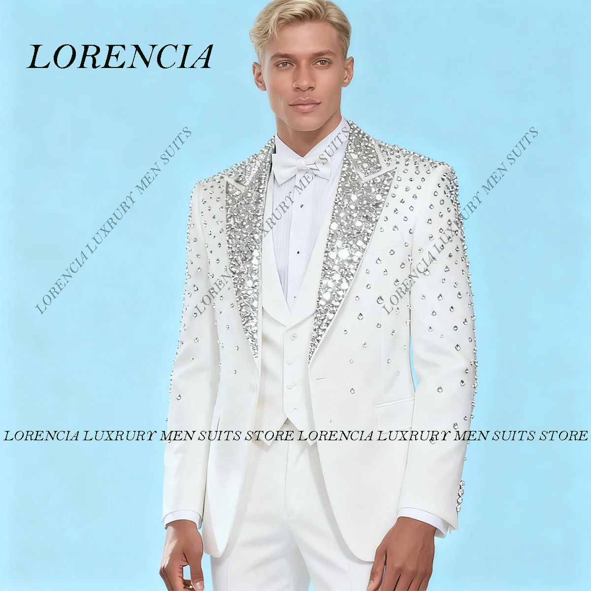 

Customized High End Metal Embellished Beadeds Men Suits Peaked Lapel Groom Tuxedos 2 Pieces Sets Party Prom Blazer Costume Homme