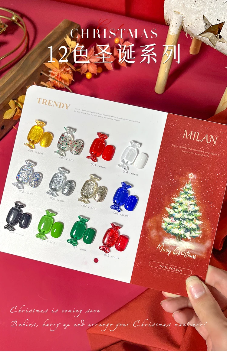 Milan 12 Kleuren Kerst Nail Gel Set Nail Art Kit 2024 Nieuwe Niet-Eoxische Uv Gel Nagel Salon Eco-Vriendelijke Groentelijm Groothandel