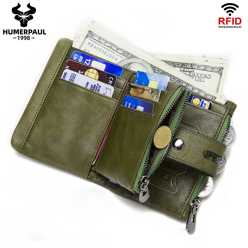 HUMERPAUL RFID 100% Genuine Leather Wallet RFID Blocking Card Holder With Zipper Coin Pocket For Wallet  Super Value Short Purse
