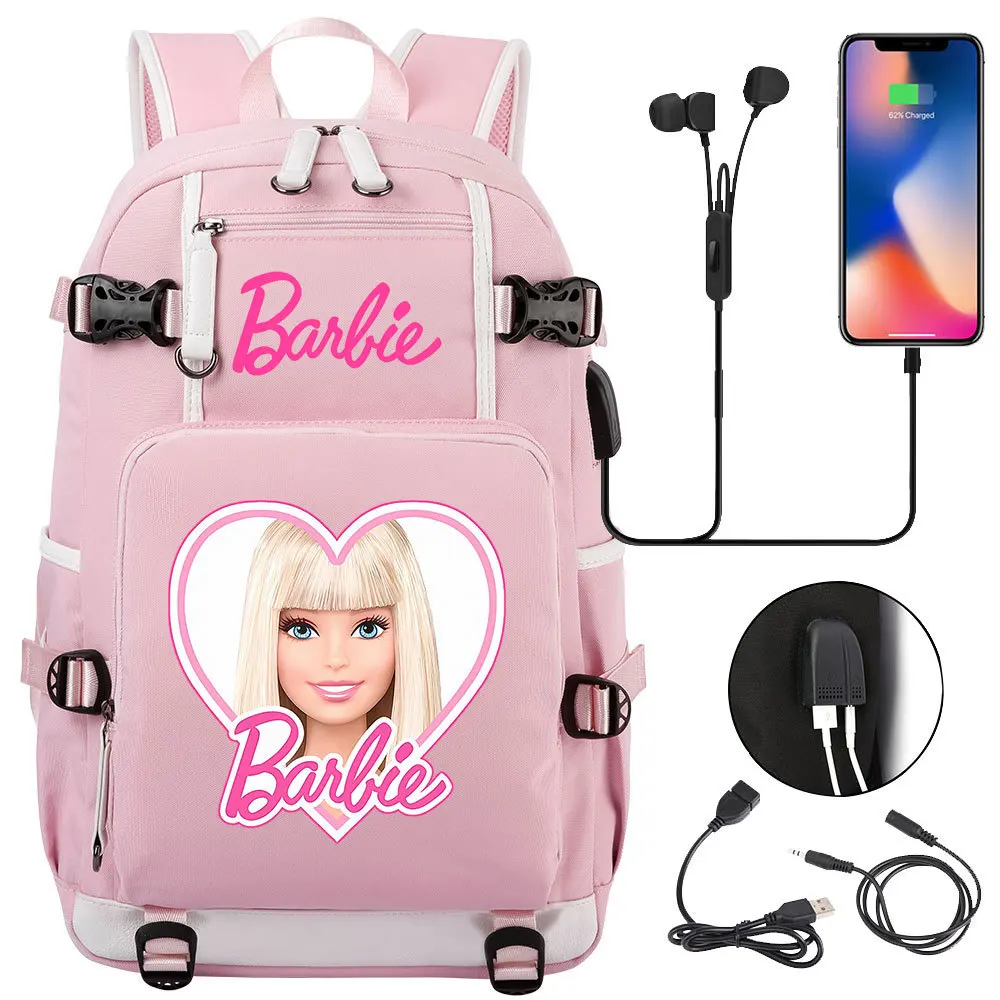 New Barbie the movie Girls Boys Kids Backpack Teenager USB Charging Laptop Backpack Women Men Rucksack Mochila Travel Bag