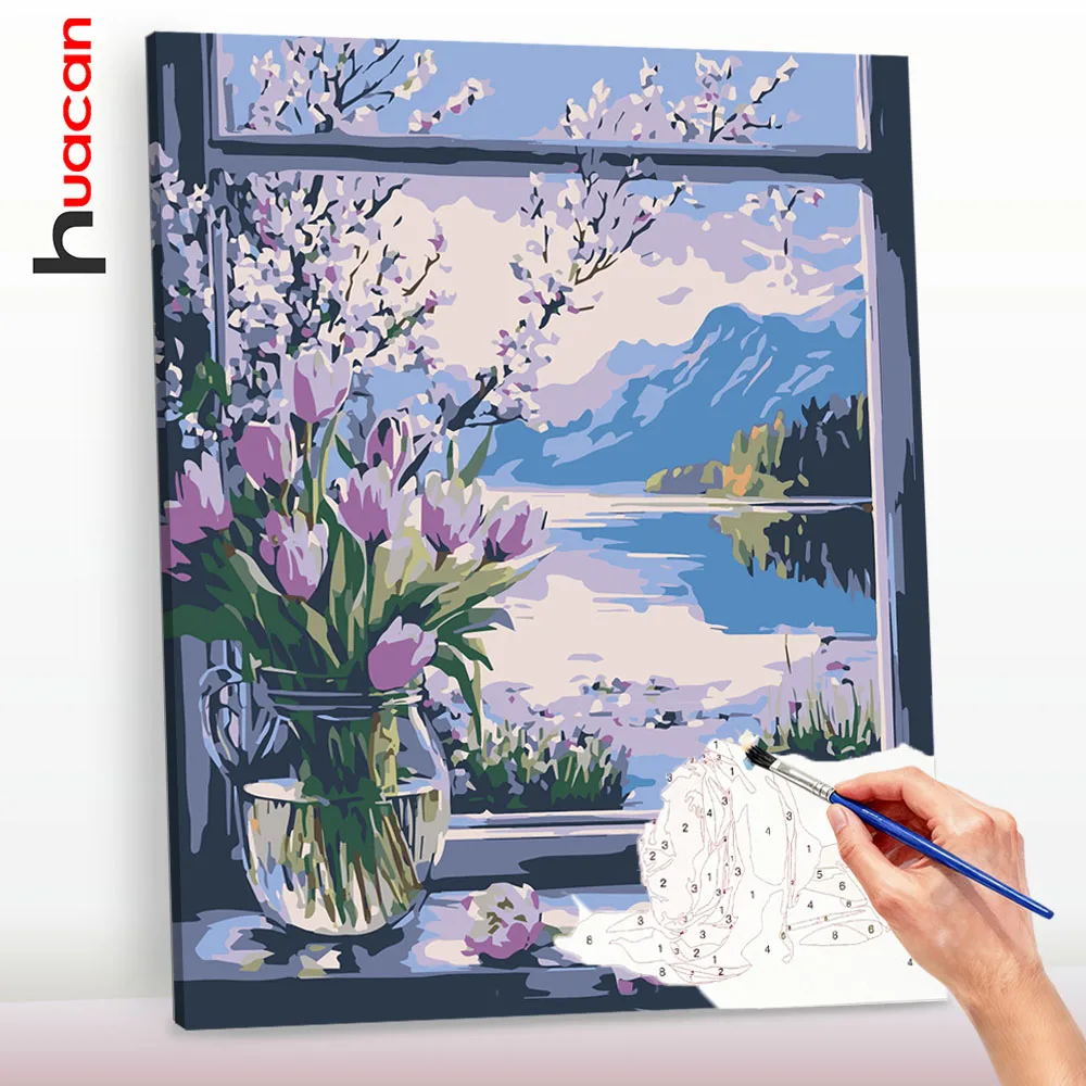 

Huacan Diy Painting By Numbers Tulip Vase Mountain Flowers Picture Gifts Decorative Paintings Art Supplies Wall Decoration﻿﻿