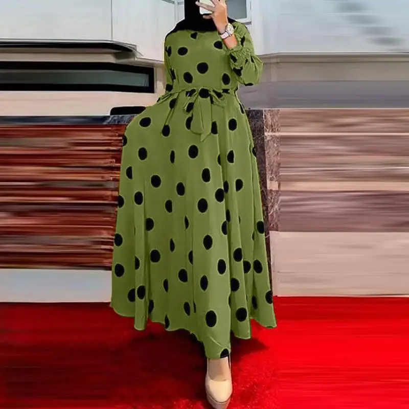 Muslim printed polka-dot long-sleeved loose swing dress woman