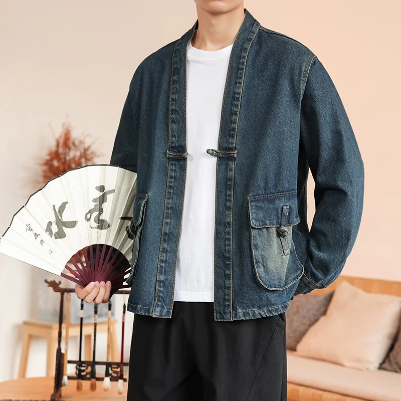 

Vintage Cardigan Loose Haori Coat Asian Clothes 2024 Harajuku Japanese Denim Jacket Kimono Men Cotton