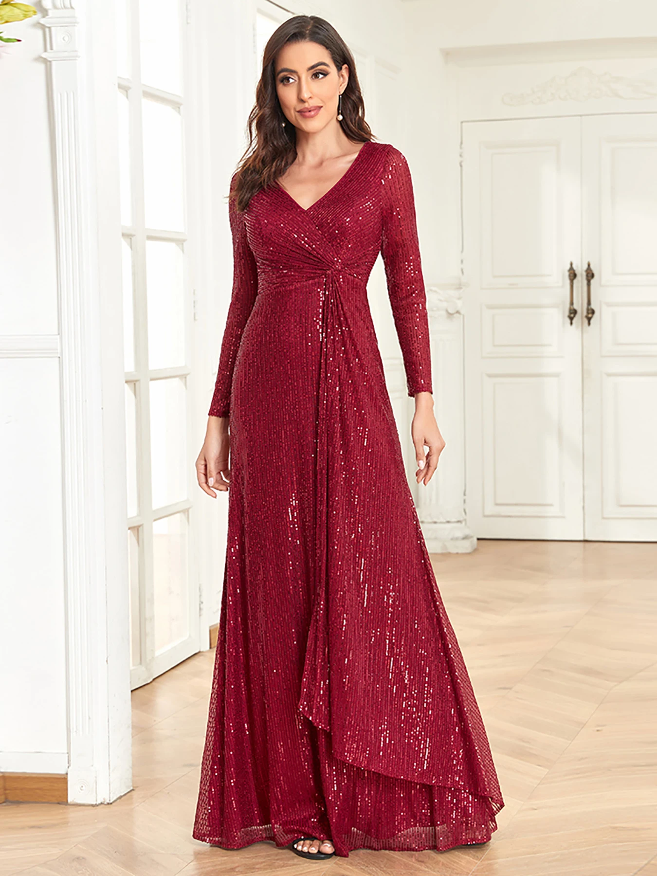 Lucyinlove-Robe de Soirée de Luxe à Manches sulfet Col en V pour Femme, Tenue de Bal et Cocktail à Paillettes pour Invités, 2024