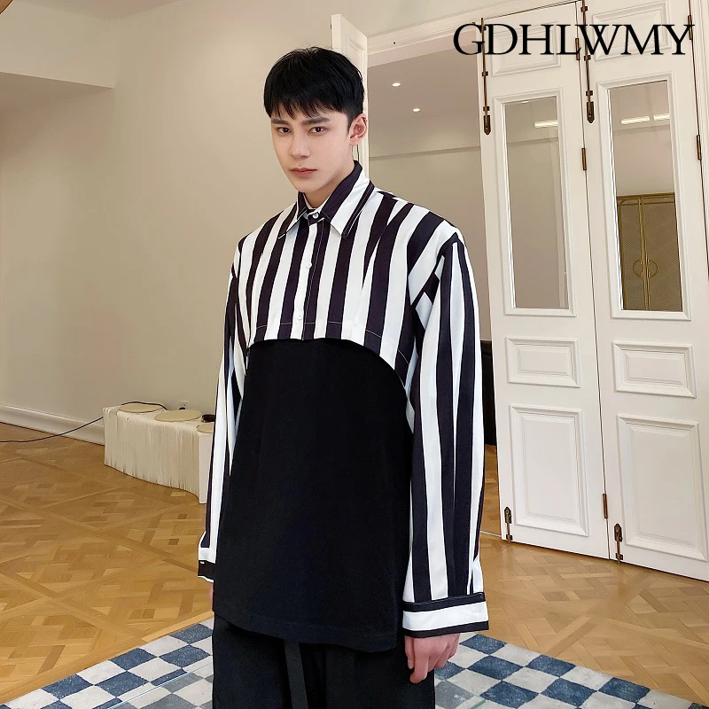 

GDHLWMY Original striped cool style niche lapel short long sleeved shirt Korean version fashionable yuppie