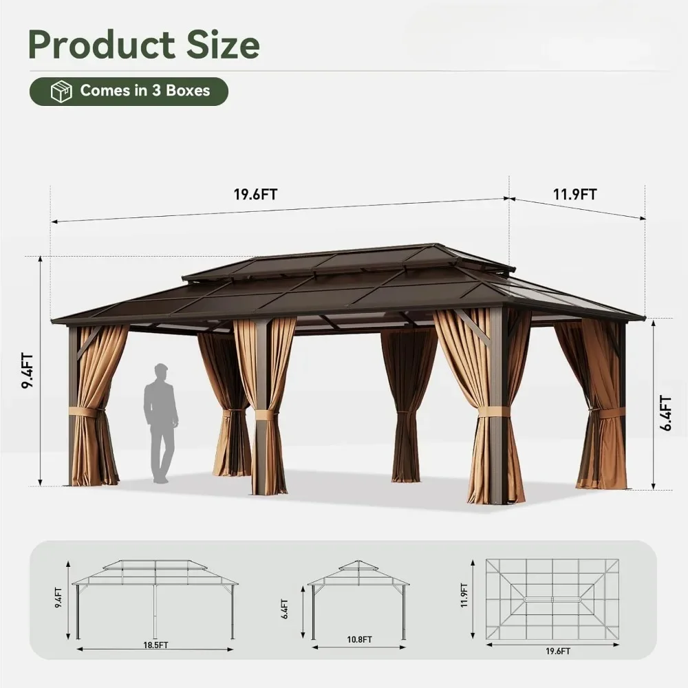 12'x20 'hard top pavilion, aluminum frame permanent pavilion with curtains and mesh, outdoor polycarbonate double roof canopy