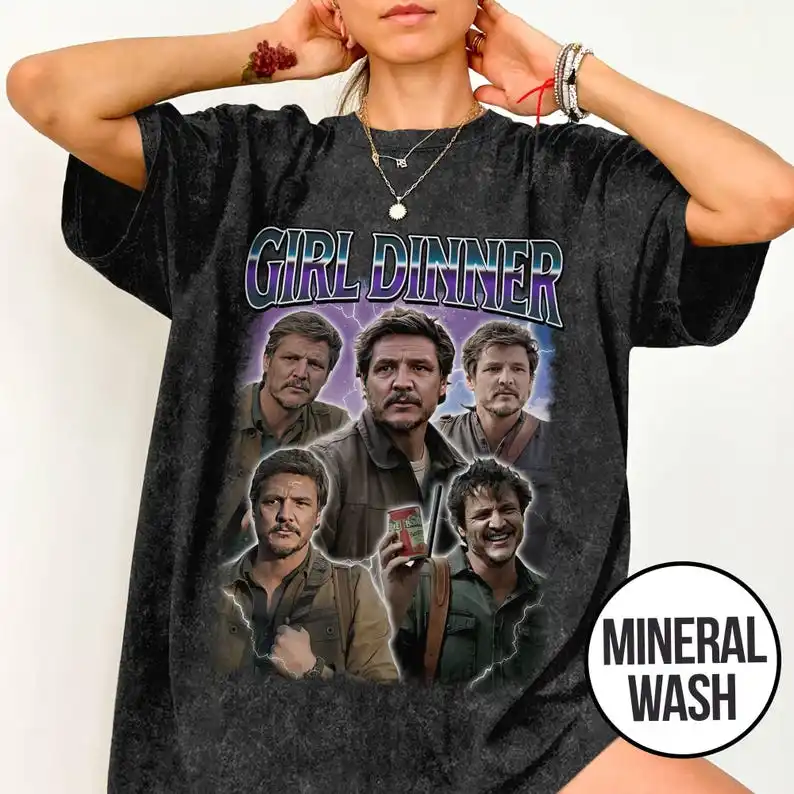 Рубашка оверсайз Pedro Pascal TLOU Girl Dinner, винтажная плотная рубашка с кино-принтом, рубашка Pedro Pascal Movie Washed