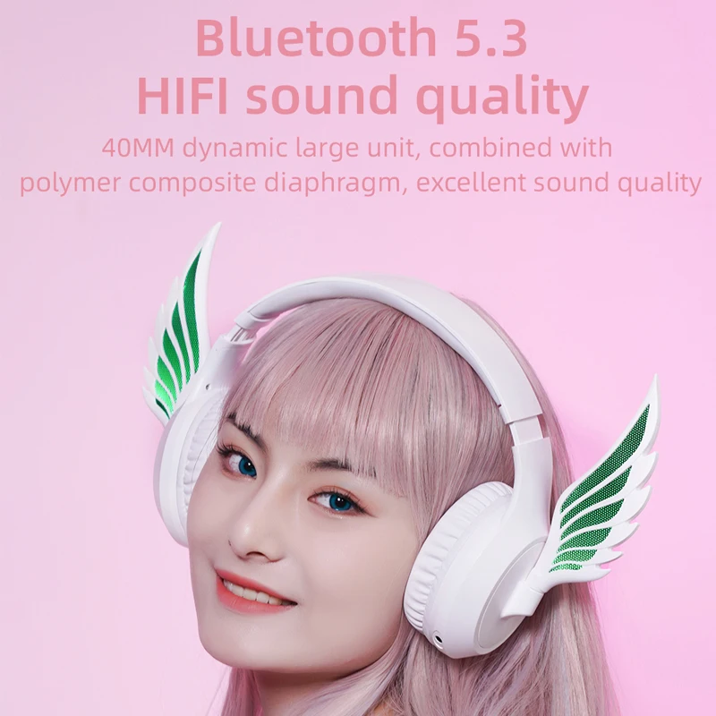 Cute Wing Bluetooth Headphones Hifi Stereo Music Game Headset with Detachable Noise Reduction Microphone App Control Light Color