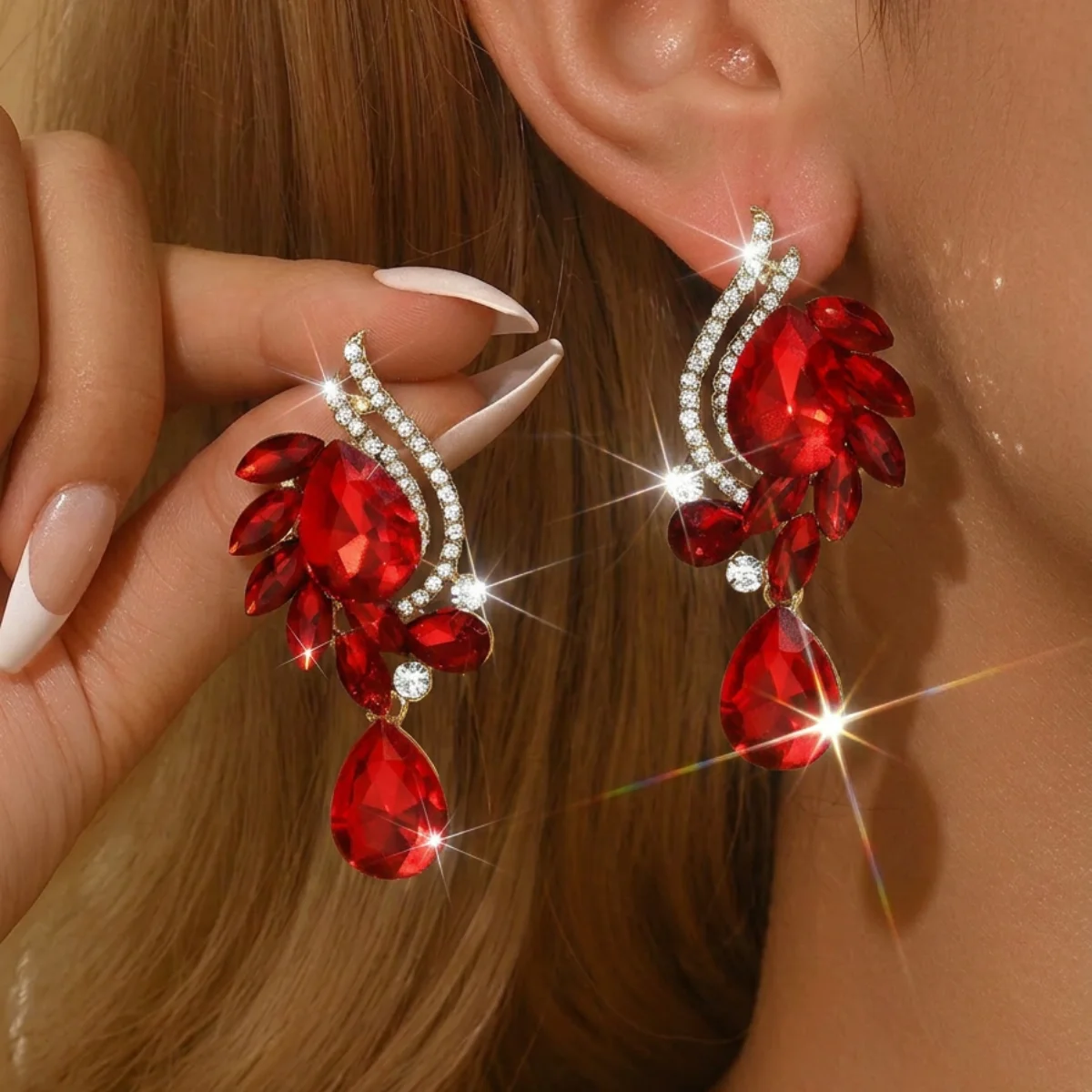 2PC-Sparkly Gold Teardrop Red Zircon Dangle Earrings For Marriage Ceremony Guest Anniversary Banquet Celebration