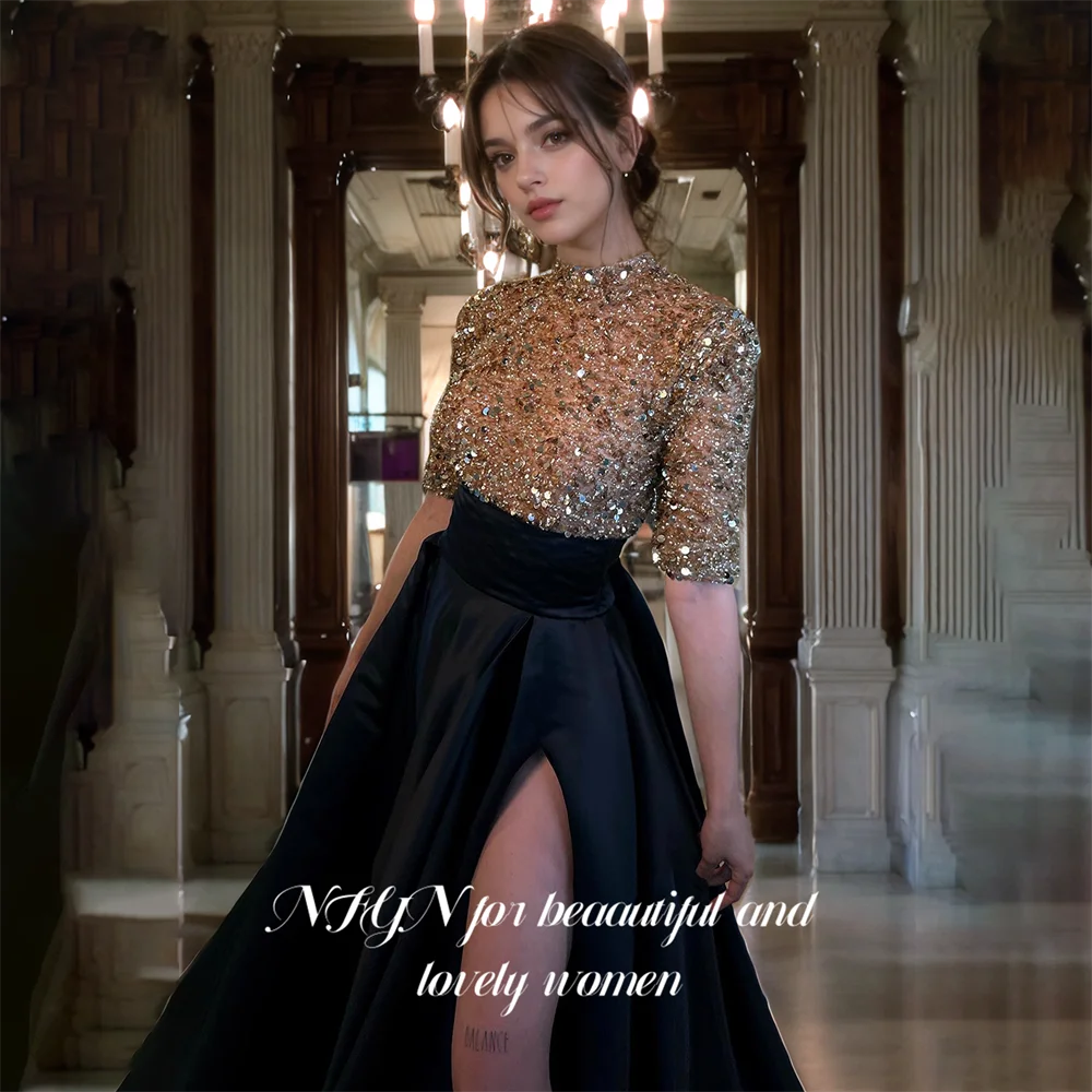 NFYN Black A-LINE O-neck Formal Gown Stain Sequin Women's Evening Dresses Beaded Celebrity Dress with Side High Split Customized