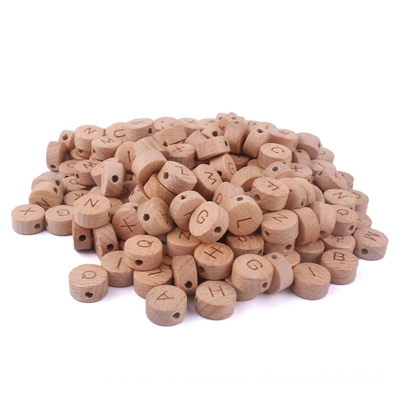 50pcs Flat Round Wooden Alphabet Beads Natural Wood Letter Beads For DIY Baby Teething Necklace Bracelet Pacifier Clip Chain