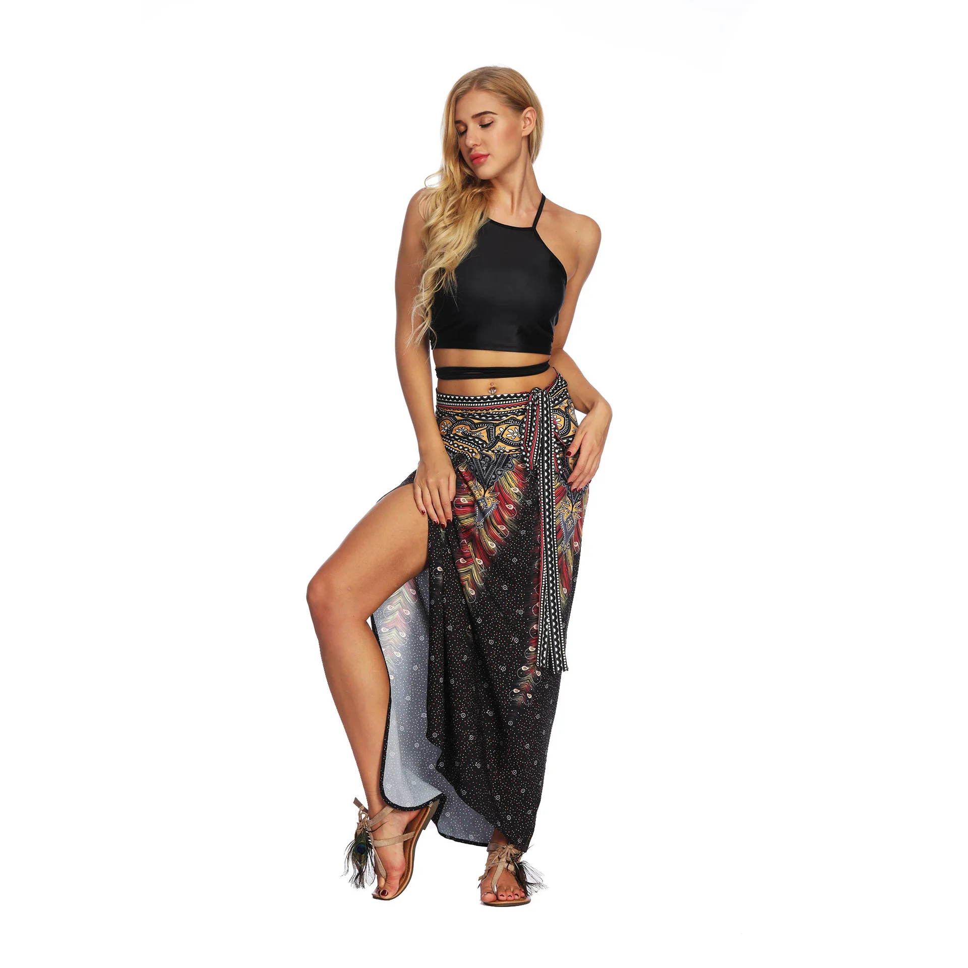 

Women's Boho Bohemian Hippie Long Skirt Maxi Print Wrap Dance Skirt Cover up Maxi Asymmetrical Beach Skirt