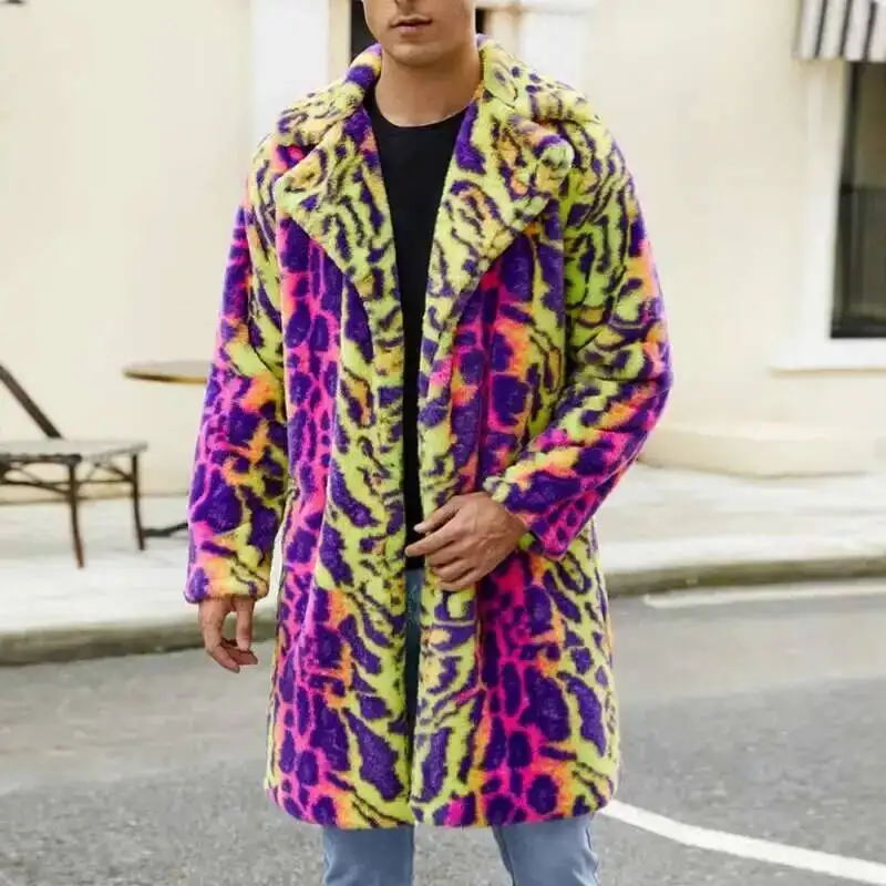 Men's Faux Fur Coat Autumn Winter Warm Plush Jacket Leopard Print Contrast Color 2025 Long Sleeve Male Tops CDE45