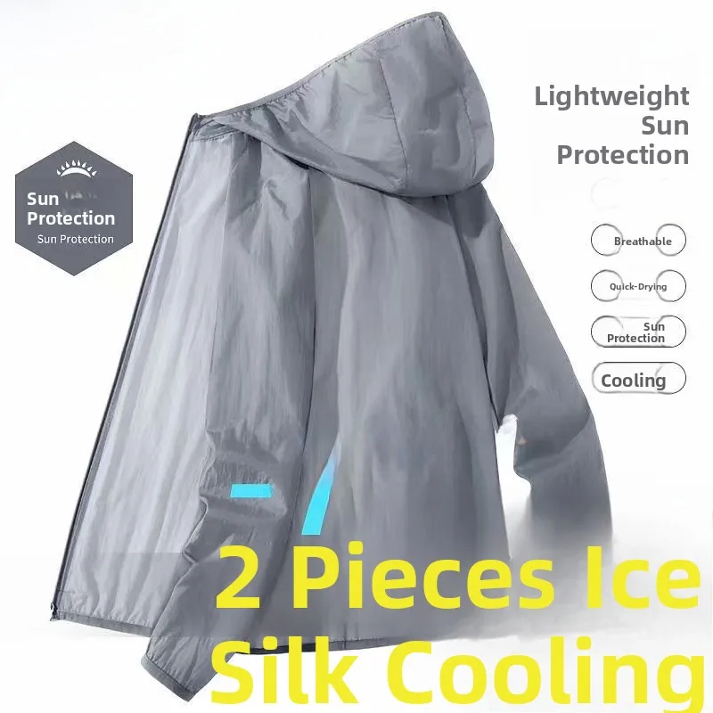 

Men's Summer Outdoor Ice Silk Ultra-Thin Sun Protection Jaet Breathable Long Sve Hooded Zipper Cardigan Coat Lightweight