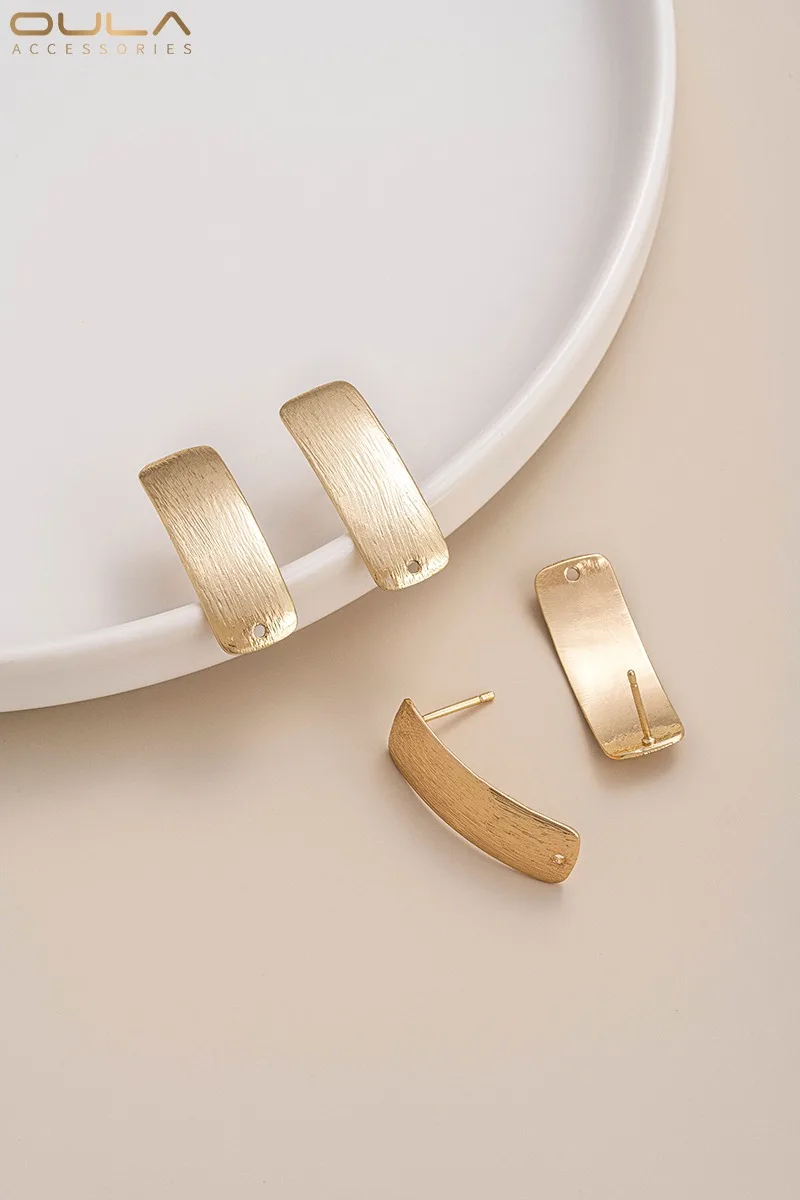 1Pair Brushed Geometric Rectangular Earrings 925 Silver Needles 14K Gold-Plated DIY Jewelry with Hanging Holes & Rings