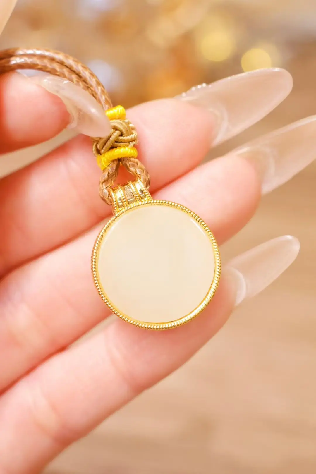 18K solid genuine gold circular compass pendant with morganite. High-quality necklace for custom order or wholesale. Women's acc