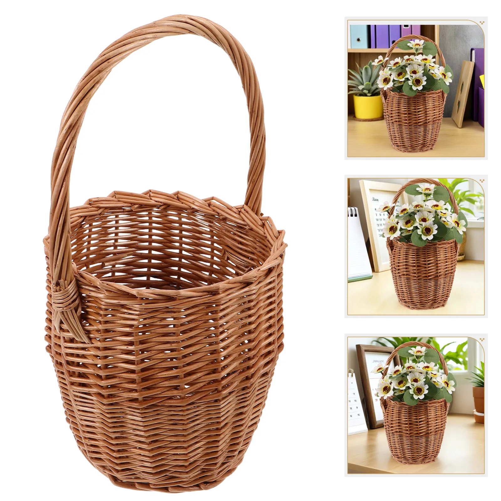 

Плетеная корзина для цветов с ручкой, плетеная корзина для хранения из ротанга для свадьбы, пикника, фруктов, хлеба, деревенский декор для дома и стен