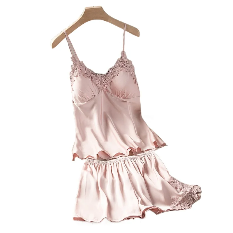 

Women's Summer Thin Suspender Shorts Two-piece Set Pyjamas Ice Silk With Chest Pad V-Neck Sleepwear