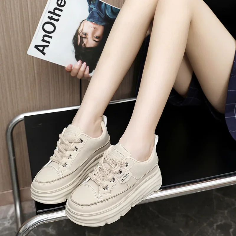 Moipheng White Platform Women's Sneakers Lace-Up Thick Bottom Vulcanize Shoes Woman Pu Leather Breathable Sports Shoes Ladies_voghion.com