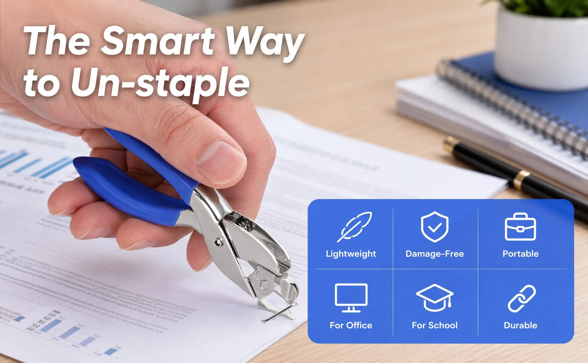 Universal Handheld Staple Remover Tool Blue Portable Lightweight Quick Damage Free Staple Removal Clip for Office School Use