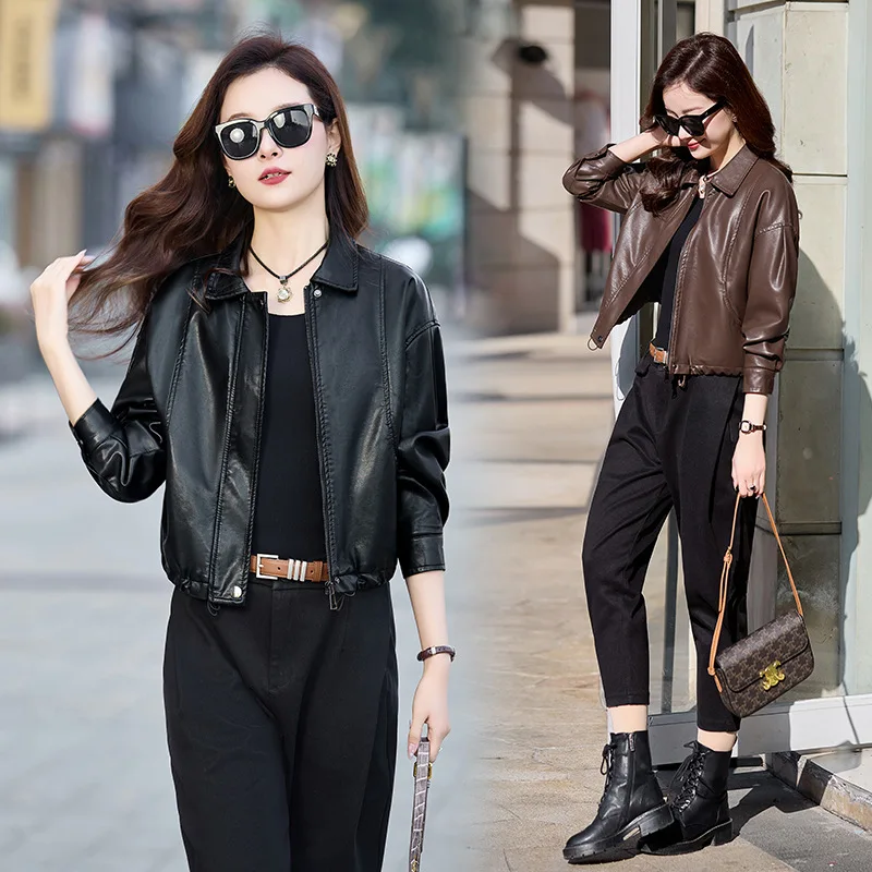 Short stature leather jacket for women in 2024, new spring and autumn fashionable temperament, slimming short sheepskin jacket