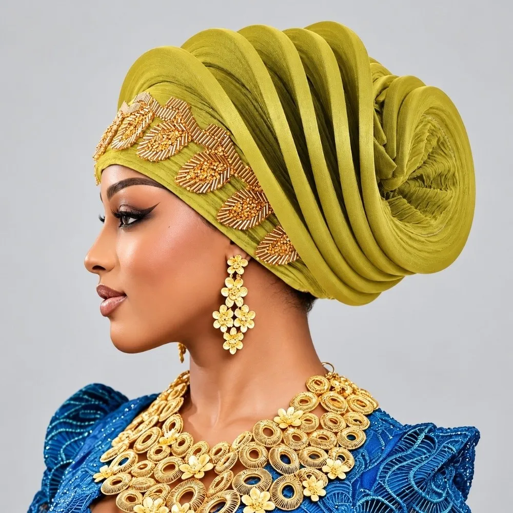 Chic Shiny African Gele Headwrap Polyester Leaf Yoruba Turban Hat Pre-tied Multiple Color Options Traditional Headpiece Festival