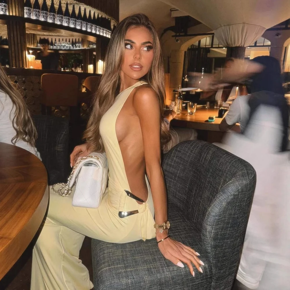 

Sexy Off-Shoulder Backless Women's Party Dress Metal Buckle High Waist Slim Fit Solid Sleeve Evening Elegant Maxi Dress Vestidos