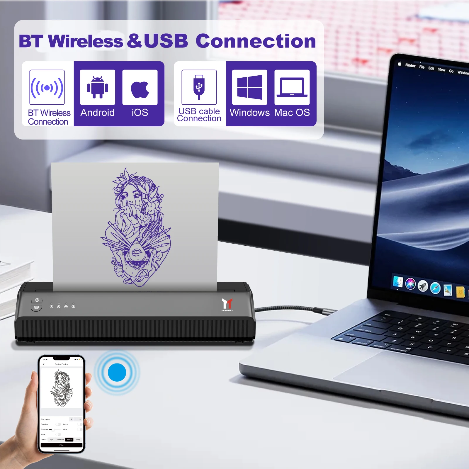 MHT-P8008 Tattoo Printer Wireless Tattoo Stencil Printer with 10pcs Transfer Paper Compatible with Android iPhone iPad Laptop