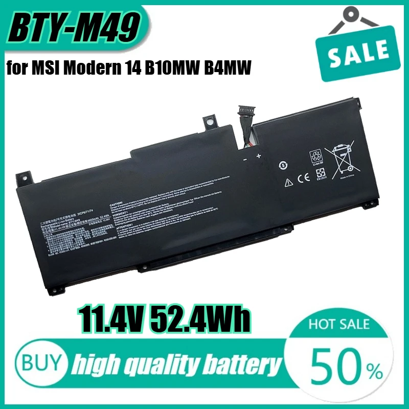 

11.4V 52.4Wh BTY-M49 Laptop Battery for MSI Modern 14 B10MW B4MW B11SB Prestige 14 A10RB