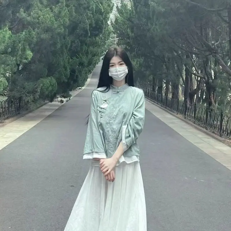 

Summer New Chinese Women Clothing Vintage Embroidered Cotton Linen Shirt Loose Half Long Skirt Set Two Piece Set Women Outfits