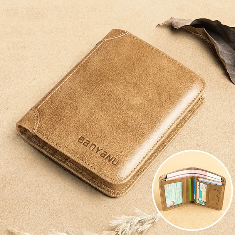 Genuine Leather Rfid Wallet Men Slim Vertical Wallets Black Thin Short ID Credit Card Holder Minimalist Men's Brown Money Bag