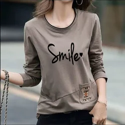 Fashion Printed Spliced Pockets Letter Casual Tee Shirt Female Clothing 2023 Autumn Winter Korean Pullovers All-match T-Shirts