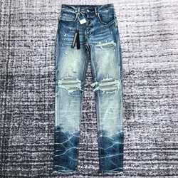 men fabric patches distressed indigo skinny jeans