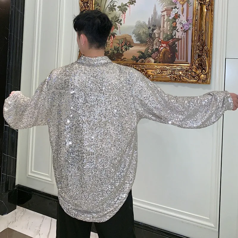 WVGA Spring Autumn New Men Tide Handmade Sequin Trendy Long Sleeve Shirt Niche Chic Casual Trendy Korean Version Tops Ins W17359
