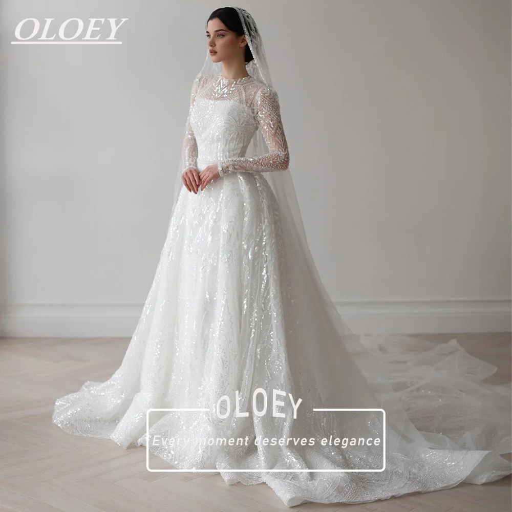 

Роскошное свадебное платье OLOEY с кружевом и бисером, А-силуэт, с длинными рукавами, круглым вырезом, в пол, скромное, в арабском стиле, с возможностью индивидуального пошива