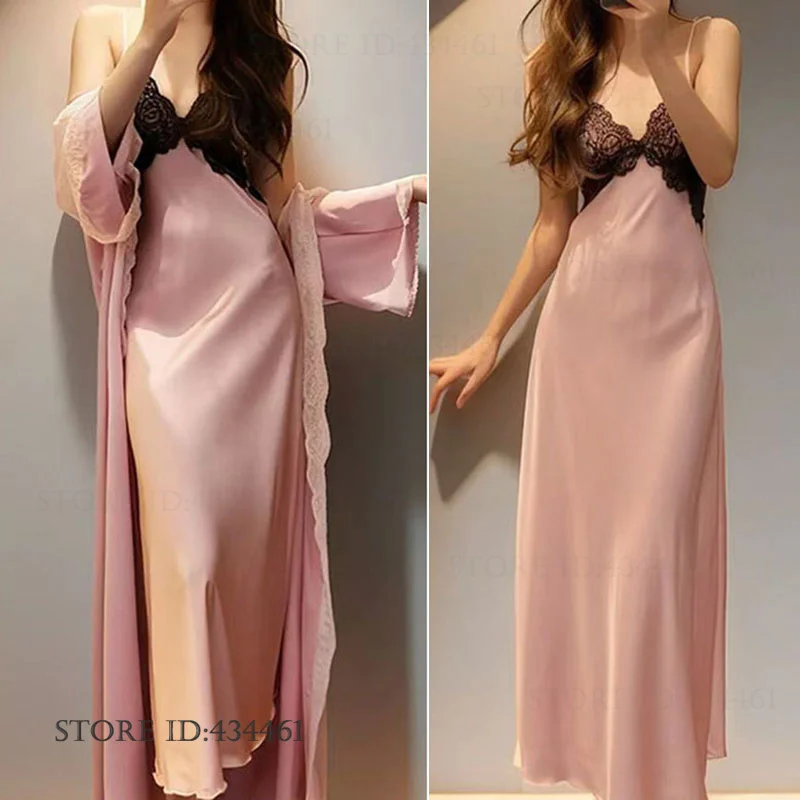 Elegant Long Twinset Robe Set Nightgown Sexy Lace Trim Lingerie Chemise Sleepwear Spring Summer New Nightwear Women Homewear