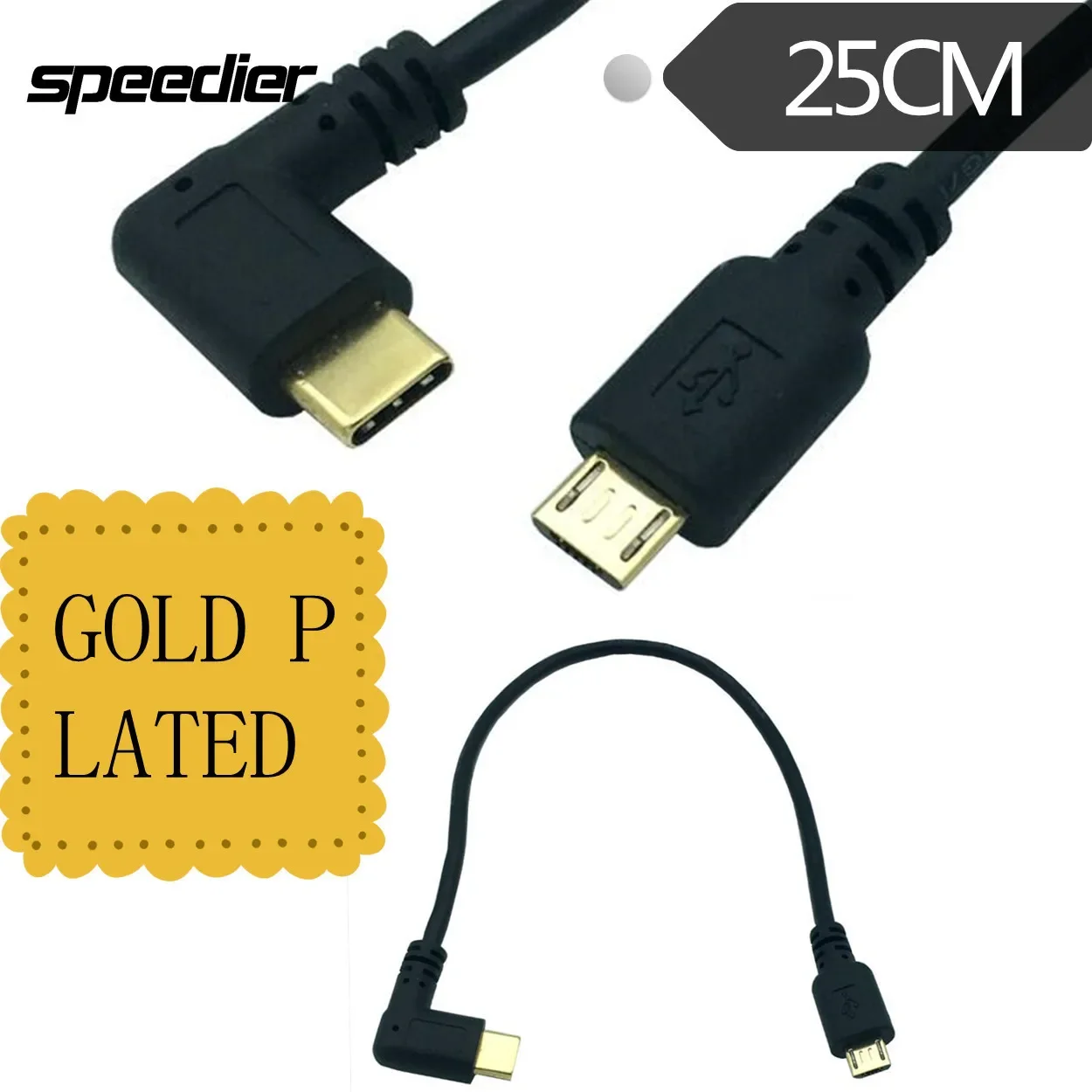 

Gold Plated Elbow USB 3.1 Type C Male To Micro USB 2.0 Male Charging Data Sync Power Supply Cable Cord 0.25m 25cm