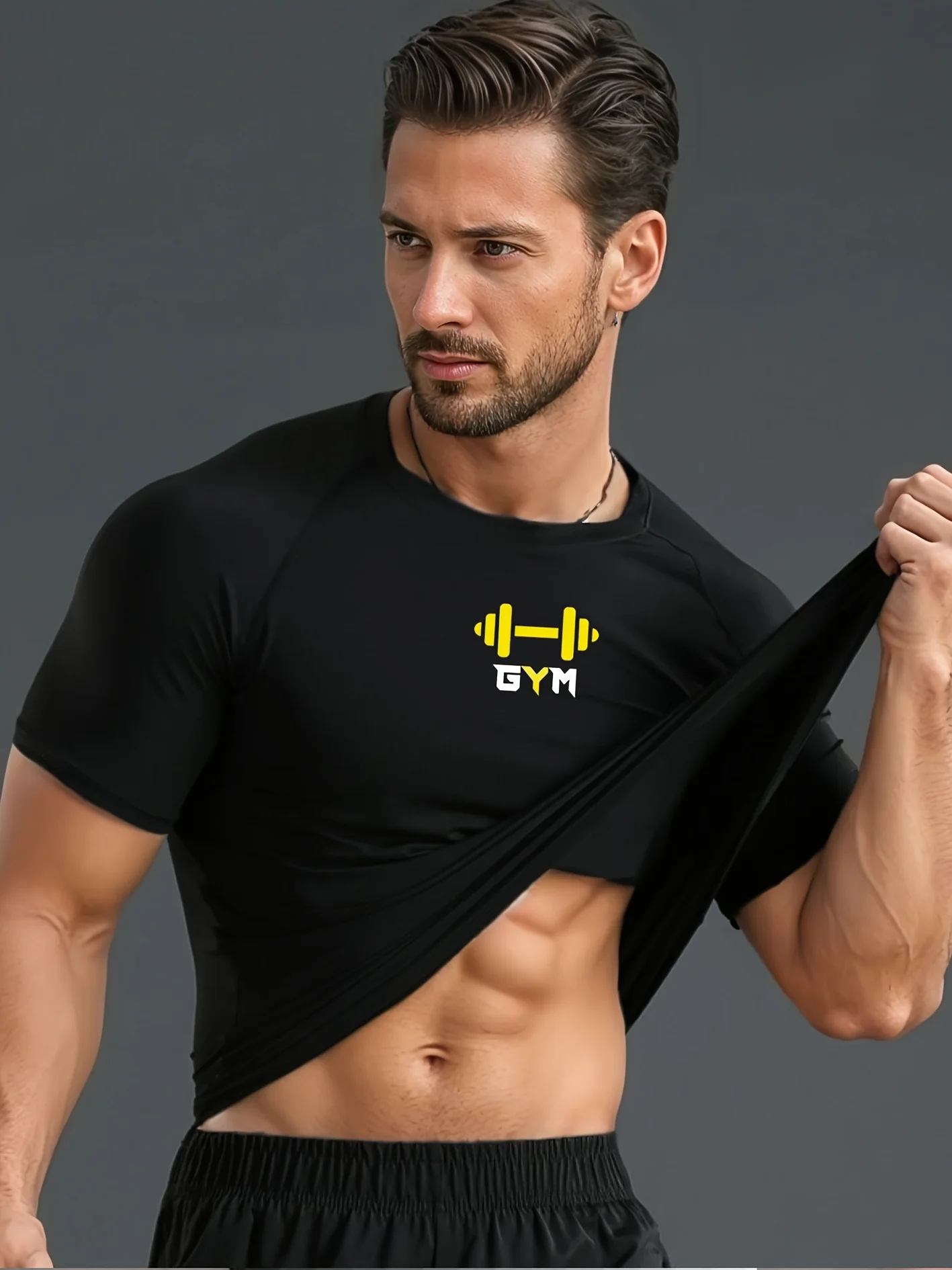 تي شيرت رياضي للياقة البدنية للرجال مع طباعة دمبل، قميص ضغط عالي المرونة مسامي مناسب للجري، Shap #5