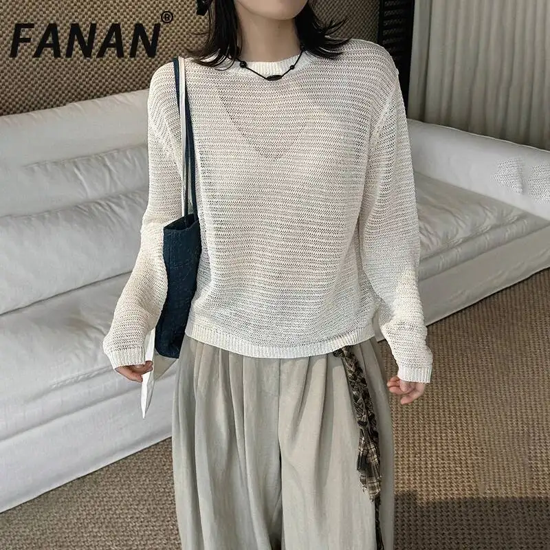 

Женская футболка FANAN 2026: Новинка лета, повседневная, с круглым вырезом, ажурная, льняная, приталенная, с длинным рукавом, в корейском стиле, женская одежда