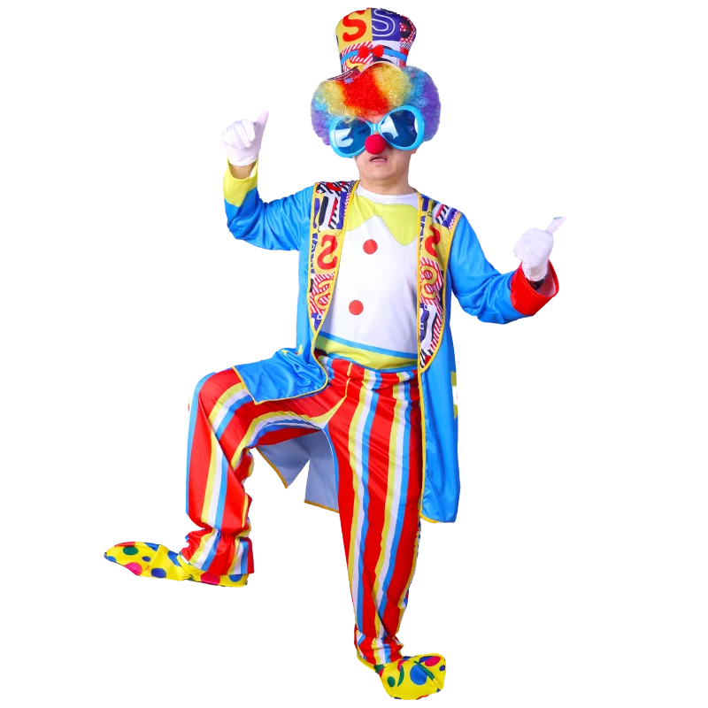 Set costume da clown da uomo per feste, spettacoli stradali e attività promozionali, interessanti vestiti da Joker, senza scarpe/parrucche/maschere