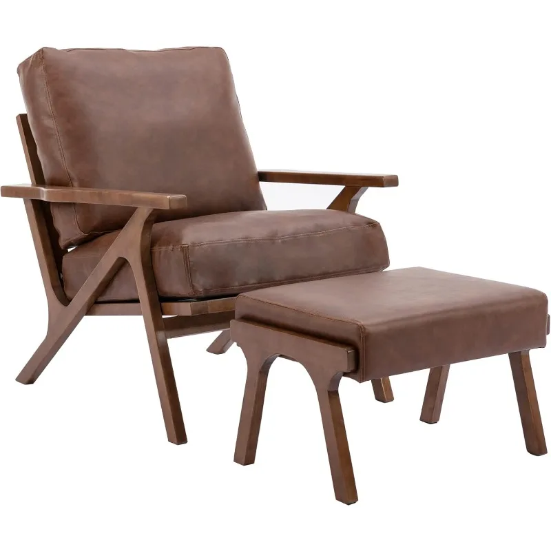 

Mid-Century Modern Accent Chair with Ottoman, Faux Leather Armchair with Wood Legs Comfy Upholstered Single Sofa Chair f