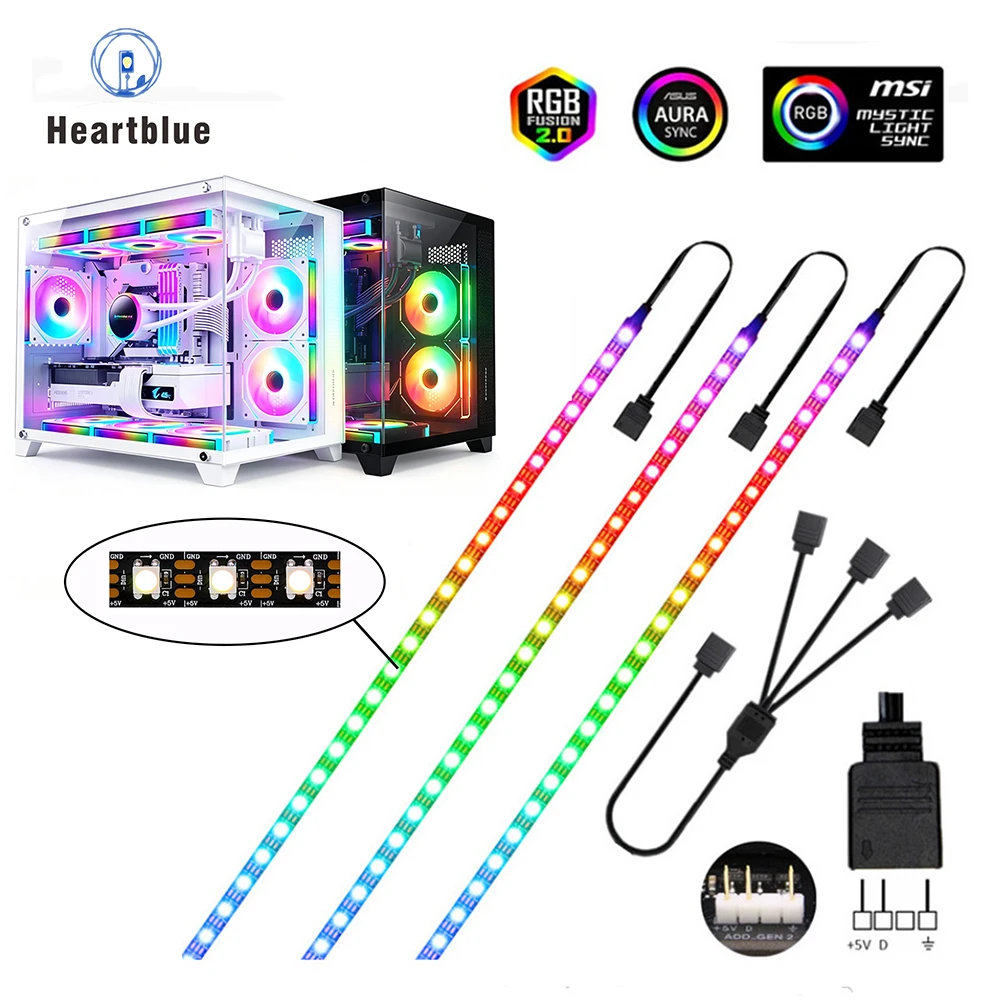 PC Computer Motherboard Gaming Case 10mm 5V 3‑Pin ARGB LED Light Strip Aura Sync Color‑Changing Self‑Adhesive Ambient Light 60D